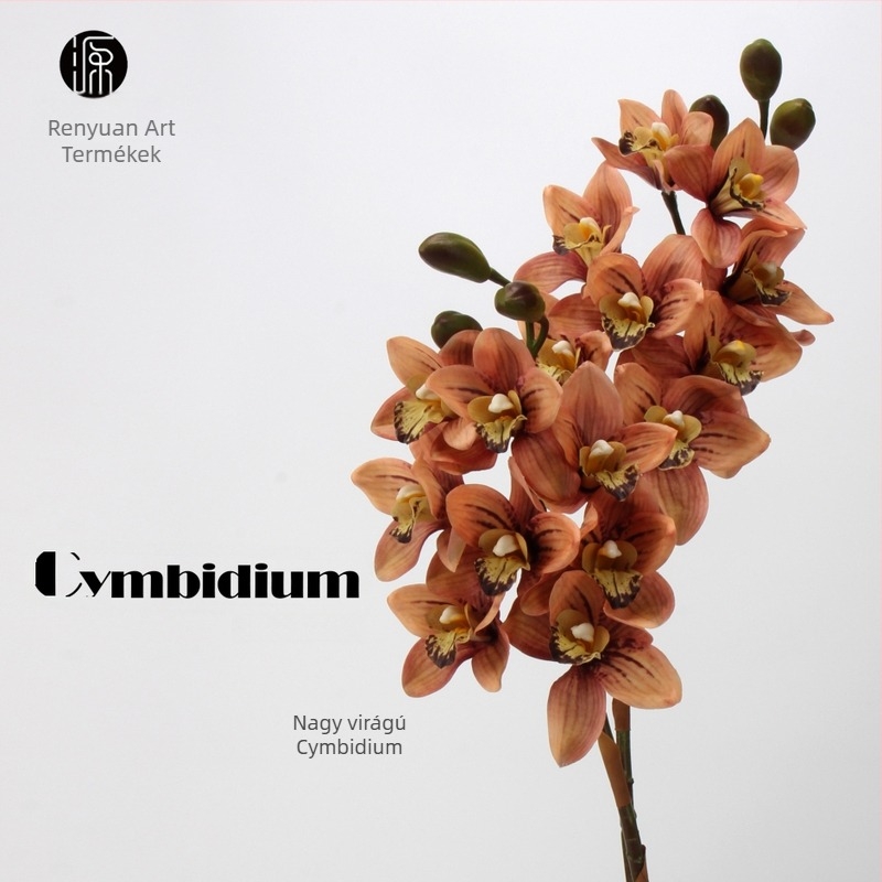 Selyem Cymbidium orchidea csokor – 8 fej és 3 bimbó, nedvesítő érzet, karton csomagolás