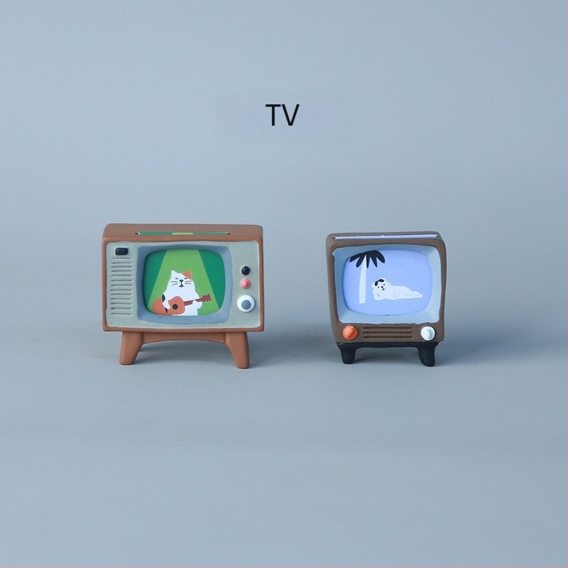 Japán-stílusú zakka – macska TV, mini jelenet kellék, gyanta