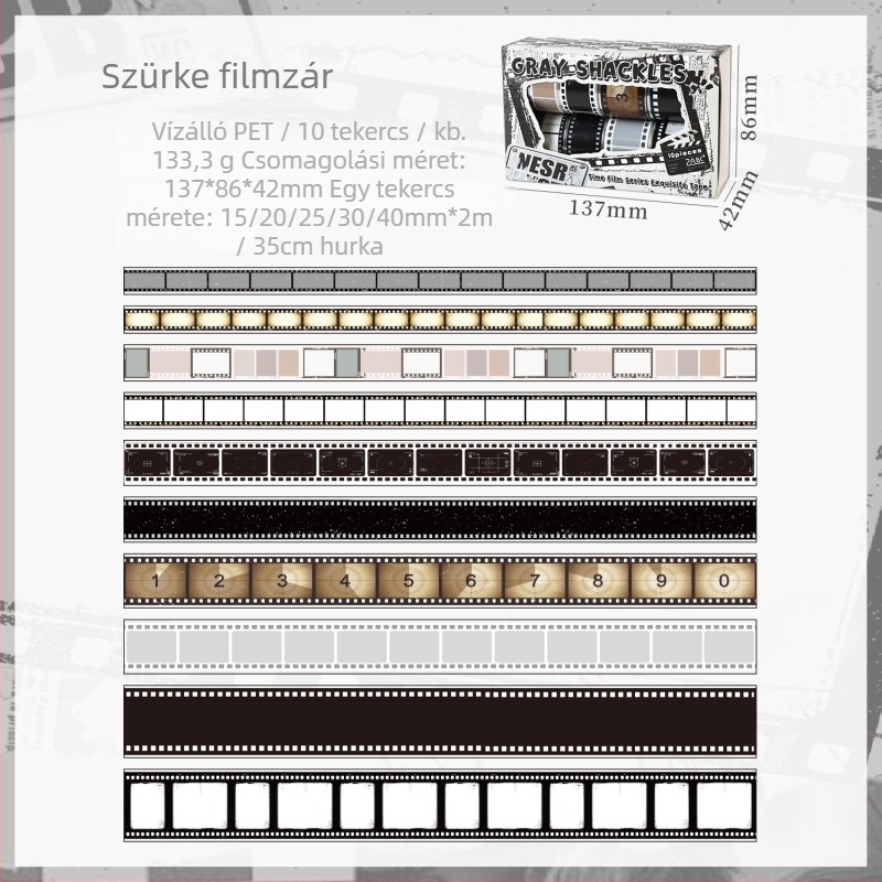 Boxolt washi szalag készlet – Time Film sorozat, kamerás téma, DIY anyag dekoratív kör matricákkal, 2 stílus; Vékony 0,04 mm; Alapanyag PET; Márka Dark Shadow; Súly 130 g; Megjelenés 2025-11-03