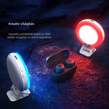 F10 mobiltelefonhoz készült fény, RGB szabályozható, színhőmérséklet 2500K–9900K, 1800mAh akkumulátor, 5V működtetés
