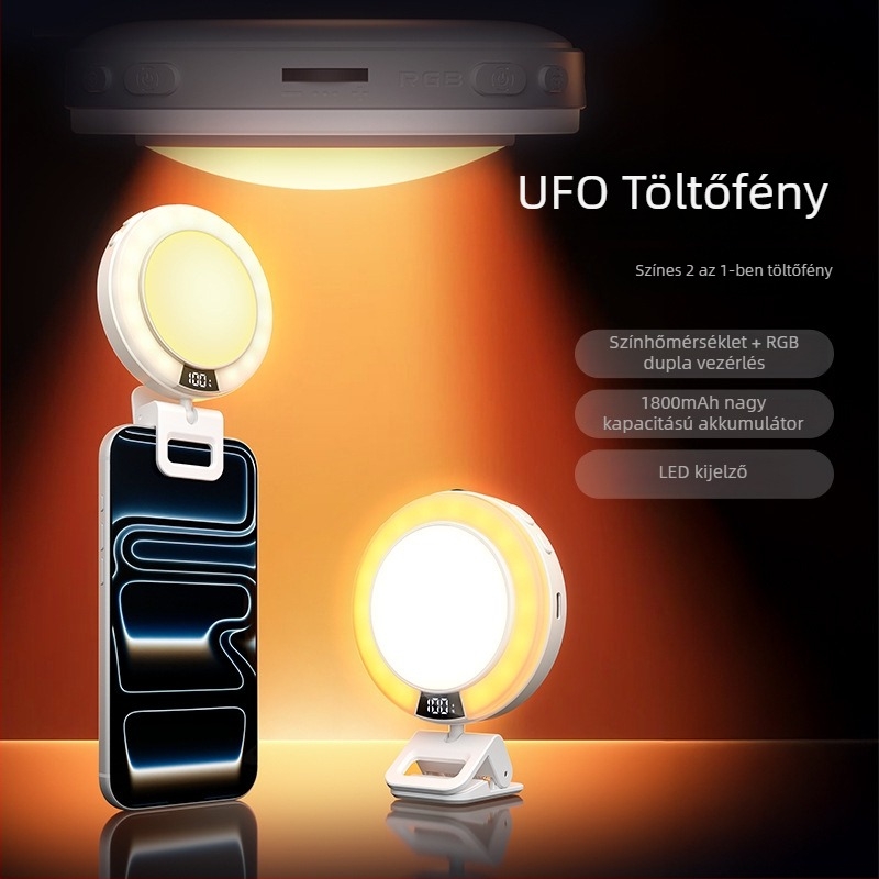 F10 mobiltelefonhoz készült fény, RGB szabályozható, színhőmérséklet 2500K–9900K, 1800mAh akkumulátor, 5V működtetés