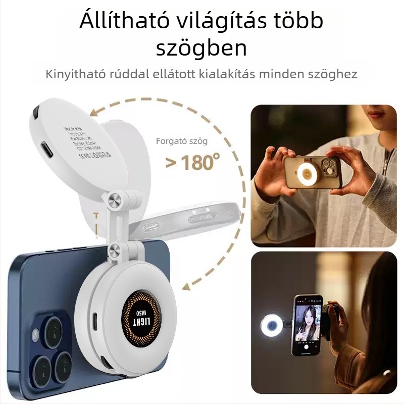 W50 mágneses töltőfény telefonok és tabletekhez – hordozható kézi, összecsukható, vízszintes/függőleges felvétel, fényerő állítható, 3.7V / ≤10W