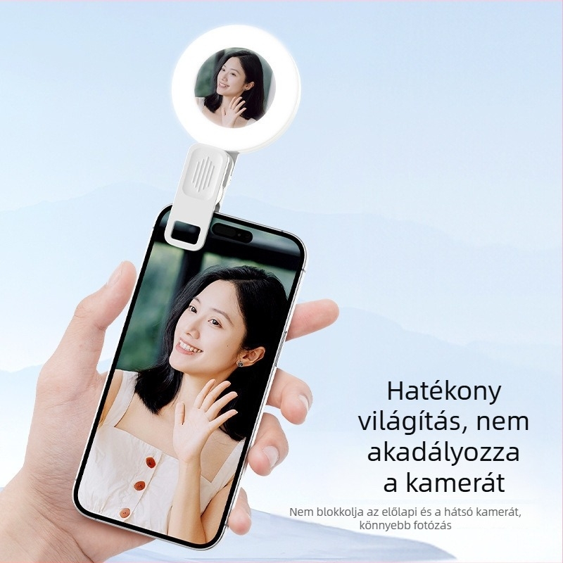 Tükör klipszes fény mobils telefonokhoz és tabletekhez — színhőmérséklet 2500K-9900K, teljesítmény 10W alatt, 5V, modell: Mirror clip fill light