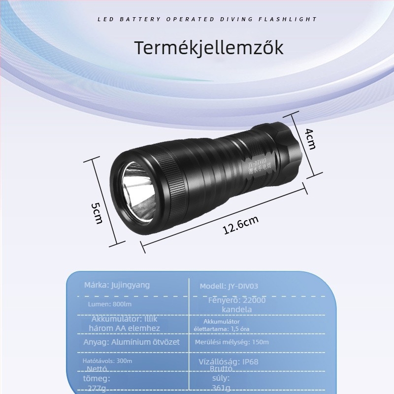 Professzionális búvár LED zseblámpa, 10W, alumíniumötvözet-test, 200–500 m hatótávolság, 1,5 órás üzemidő