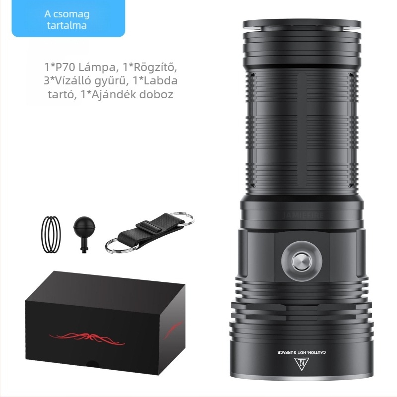 Búvár LED P70 zseblámpa, 30W, újratölthető, 4x18650 akkumulátor, 100–200 m hatótávolság