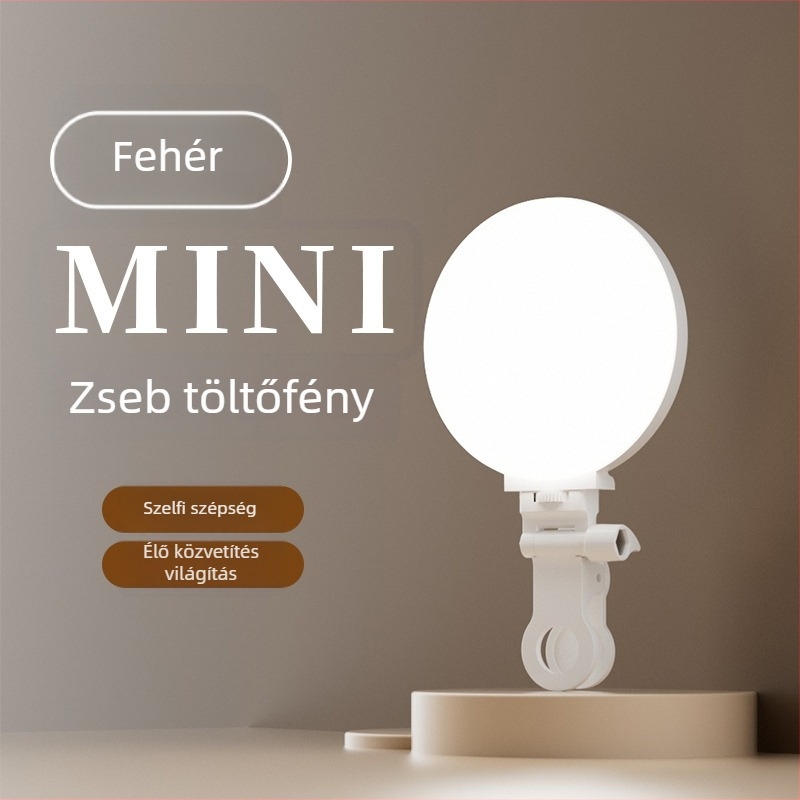Mini zsebméretű töltőfényt használó világítás telefonos élő közvetítéshez, laptopos videózáshoz és kültéri felvételekhez; kézben tartható, Modell F01, három színhőmérséklet, 3V/800mAh, kevesebb mint 10W.