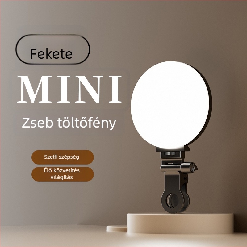 Mini zsebméretű töltőfényt használó világítás telefonos élő közvetítéshez, laptopos videózáshoz és kültéri felvételekhez; kézben tartható, Modell F01, három színhőmérséklet, 3V/800mAh, kevesebb mint 10W.