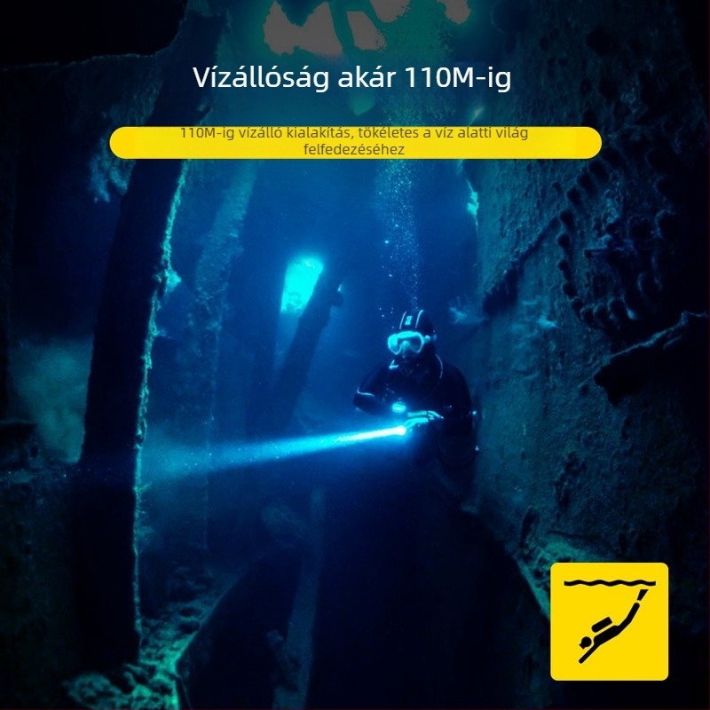 Búvárlámpa, LED 10W, Külső akkumulátor: 2x18650/2x26650, Alumíniumötvözet test, Vízálló