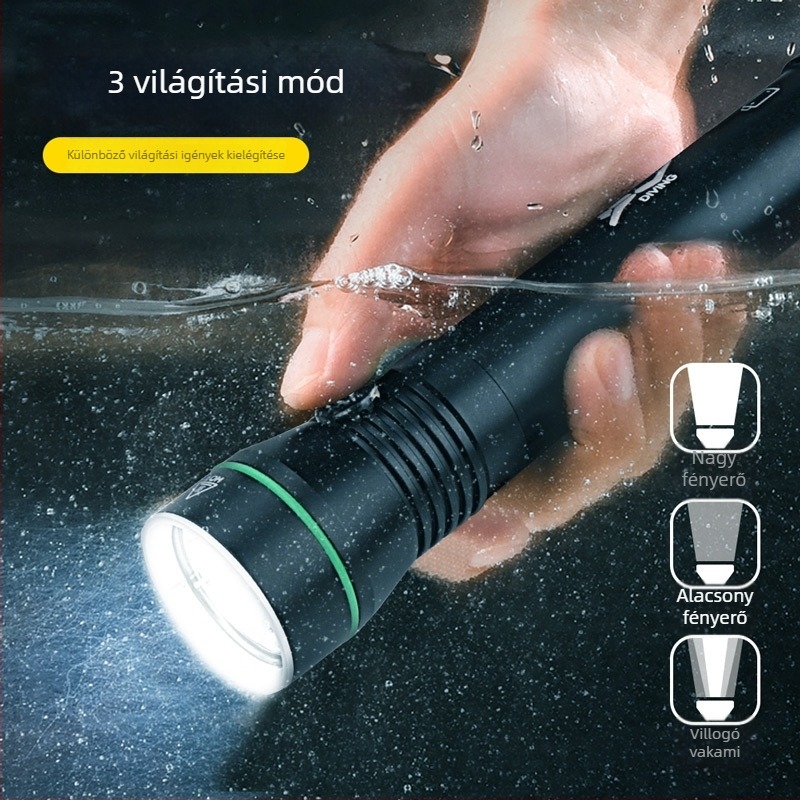 Búvárlámpa, LED 10W, Külső akkumulátor: 2x18650/2x26650, Alumíniumötvözet test, Vízálló