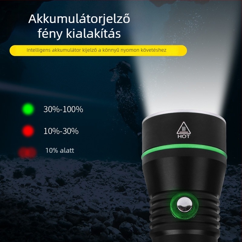 Búvárlámpa, LED 10W, Külső akkumulátor: 2x18650/2x26650, Alumíniumötvözet test, Vízálló