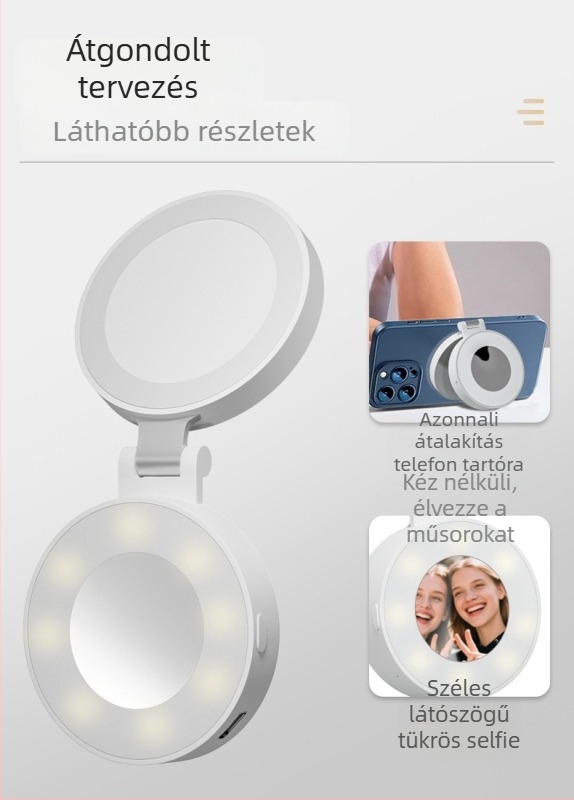 LED töltőfény élő közvetítéshez – kézben tartható, 5V, <10W, modell Y035, három színhőmérséklet, mágneses tükör és összecsukható tükör