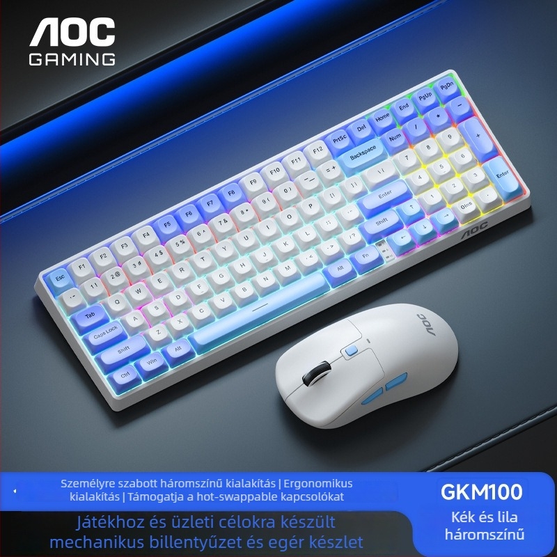 AOC GKM100 Vezeték nélküli hárommódos mechanikus billentyűzet és egér készlet, 2.4G, Bluetooth, hot-swappable kapcsolók, 1600 DPI