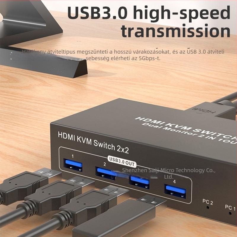 HDMI KVM-switch, 2 bemenet, 2 kimenet, két számítógéphez, megosztva a billentyűzetet és az egeret, 4K60Hz, Windows 7, modell 202-U3-A