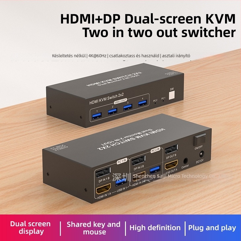 HDMI KVM-switch, 2 bemenet, 2 kimenet, két számítógéphez, megosztva a billentyűzetet és az egeret, 4K60Hz, Windows 7, modell 202-U3-A