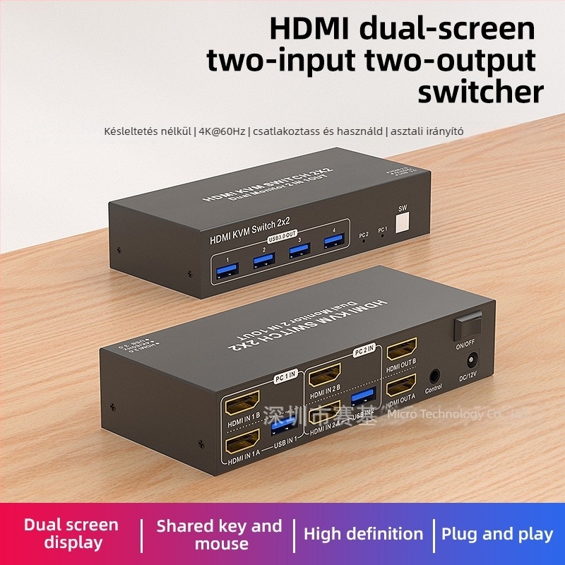 HDMI KVM-switch, 2 bemenet, 2 kimenet, két számítógéphez, megosztva a billentyűzetet és az egeret, 4K60Hz, Windows 7, modell 202-U3-A