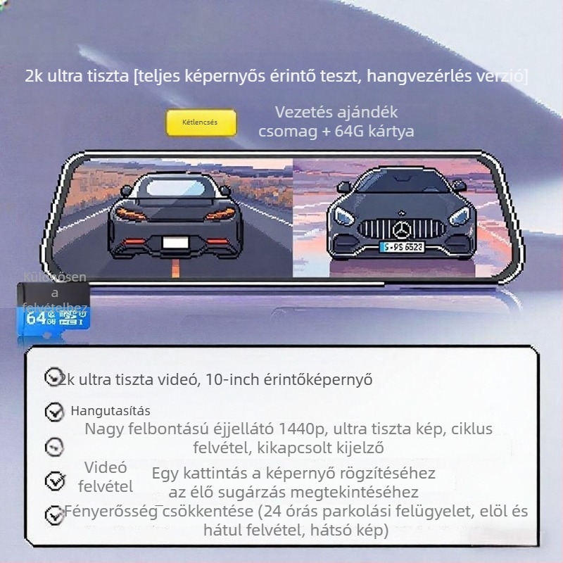 Autó dash kamera elöl és hátul dupla lencsével, 2160p, 5MP, 256GB, Wi-Fi