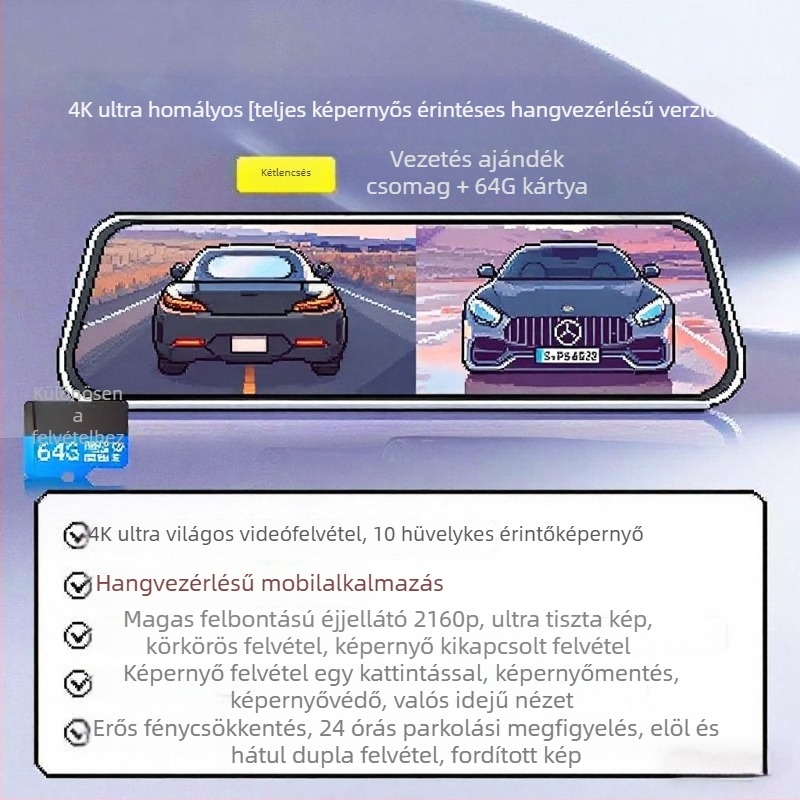 Autó dash kamera elöl és hátul dupla lencsével, 2160p, 5MP, 256GB, Wi-Fi