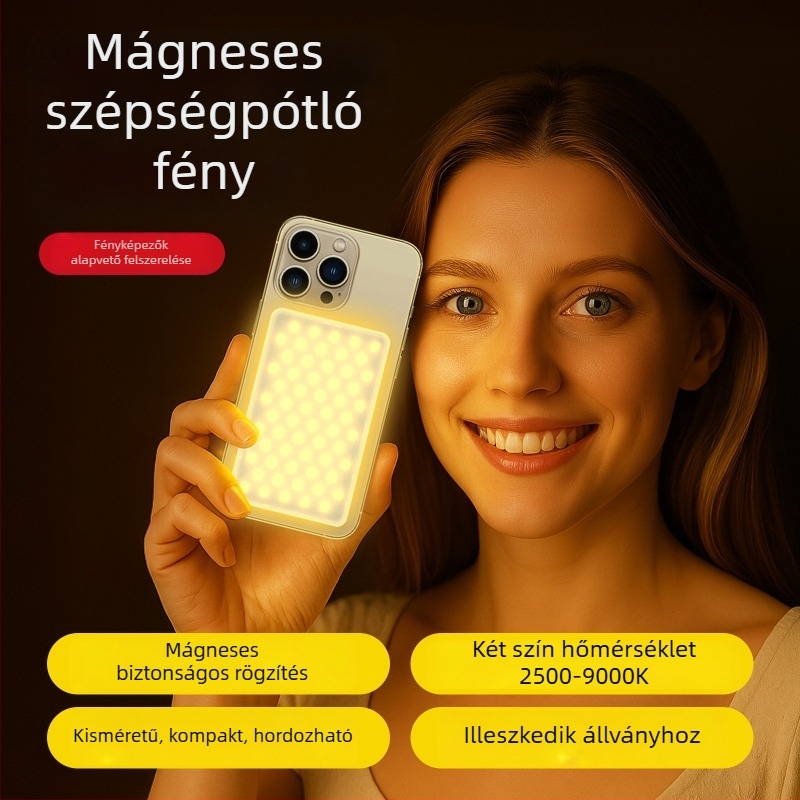 Kétszínű mágneses töltőfény okostelefonos élő közvetítéshez, hordozható kézi, három színhőmérséklet 2500–9900K, teljesítmény 10W alatt
