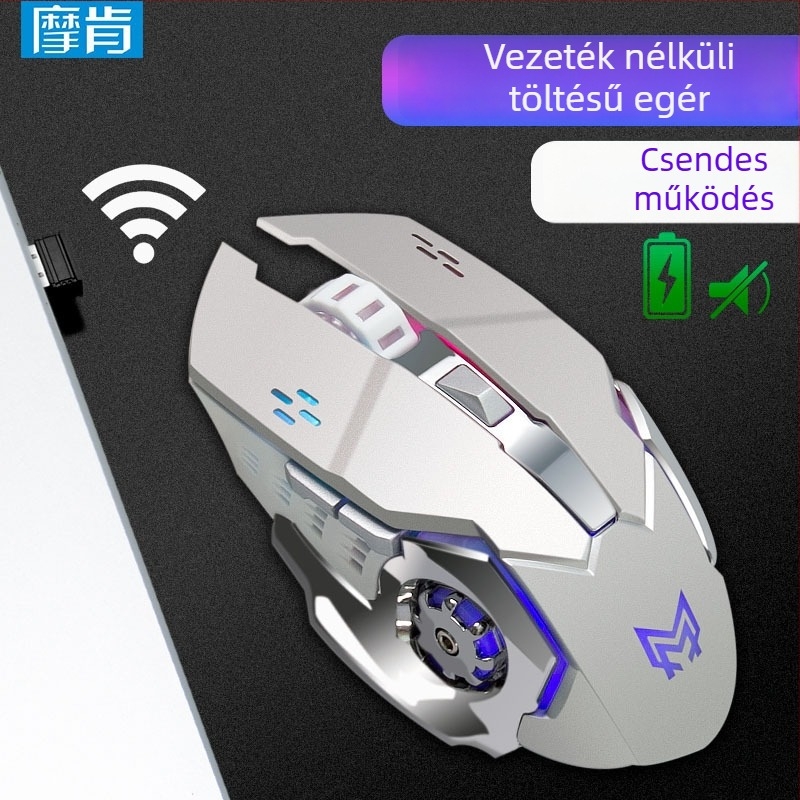 Vezeték nélküli gaming egér 2.4G/Bluetooth kapcsolattal, 1600 DPI, 6 gomb, 10 m hatótávolság, fénylő megvilágítással
