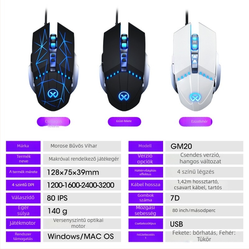 GM20 vezetékes optikai játék egér, 6 gomb, 1600 DPI, USB, 6 szintű DPI-szabályozás