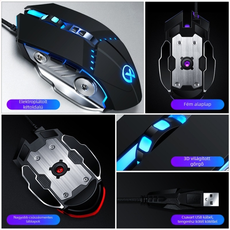 GM20 vezetékes optikai játék egér, 6 gomb, 1600 DPI, USB, 6 szintű DPI-szabályozás