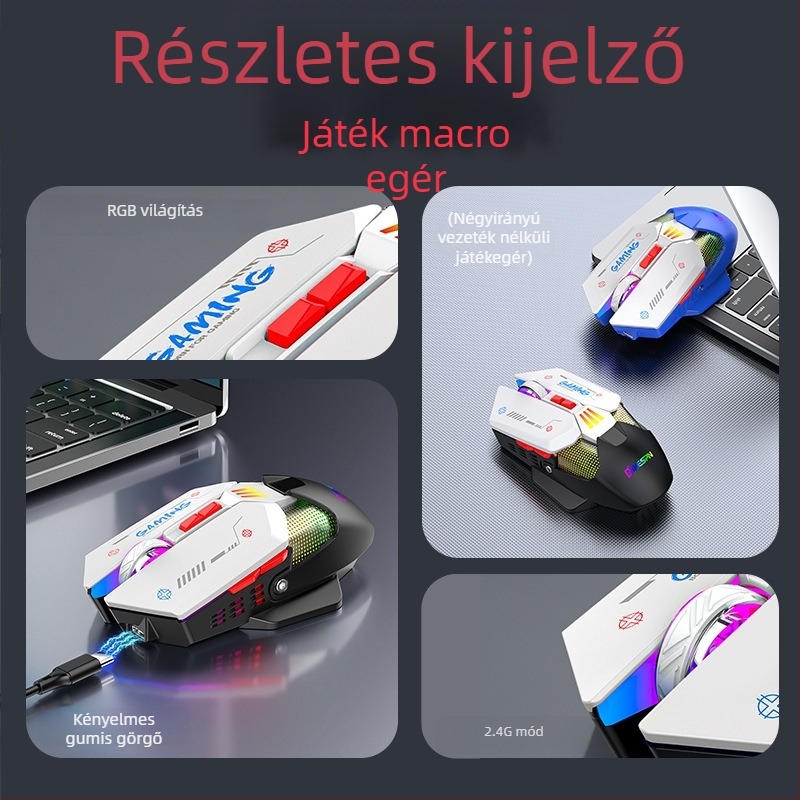 Játékegér dupla módú vezeték nélküli és USB-s kapcsolattal, 10000 DPI, 7 gomb, (2,4 GHz, 10 m hatótávolság)