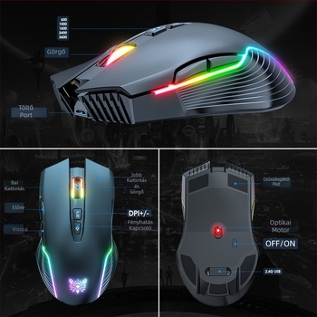 ONIKUMA vezeték nélküli optikai játékegér, 7 gombos, 2.4G kapcsolat, USB töltés, RGB világítás, PC-kompatibilis