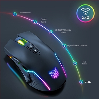 ONIKUMA vezeték nélküli optikai játékegér, 7 gombos, 2.4G kapcsolat, USB töltés, RGB világítás, PC-kompatibilis