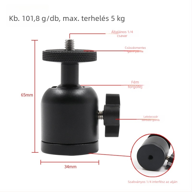 Mini golyófejes tripod, fémből készült, 1/4 hüvelykes csavar, mobillal és kamerával kompatibilis, súly körülbelül 101,8 g.