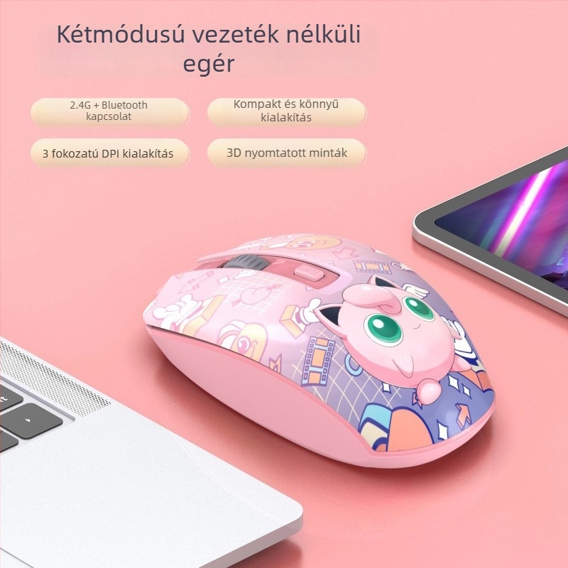 T3 vezeték nélküli Bluetooth csendes egér, 3D karikatúra dizájn, duál-mód optikai egér PC-hez