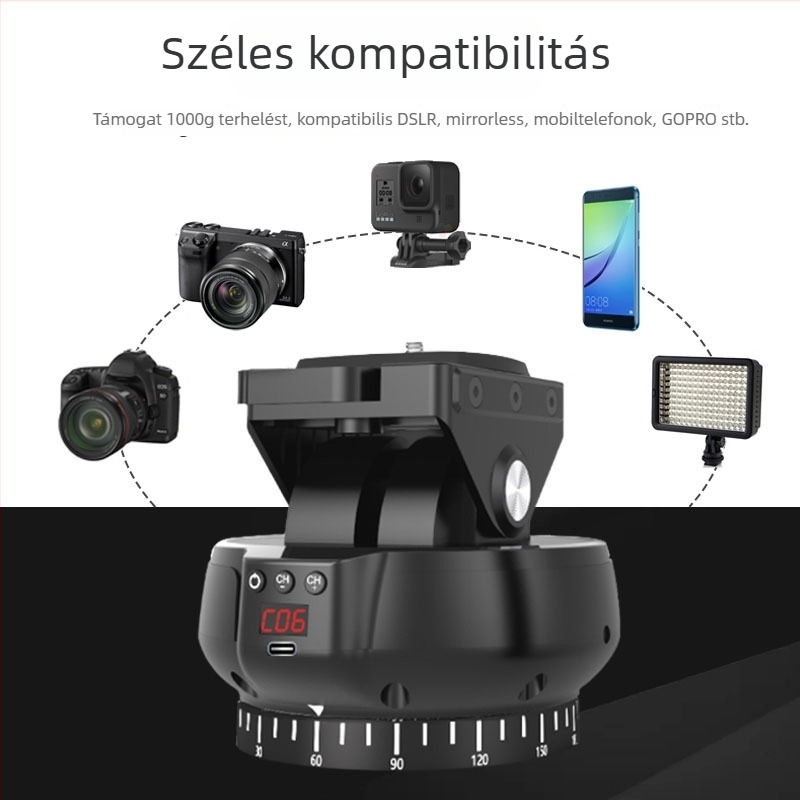 YT1200 Elektromos Gimbal 360° Pan/Tilt, távirányító, két-tengelyes stabilizátor okostelefonokhoz és kamerákhoz, 9 sebesség beállítás