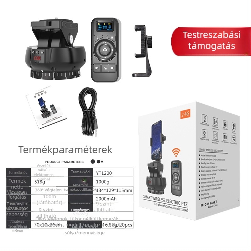 YT1200 Elektromos Gimbal 360° Pan/Tilt, távirányító, két-tengelyes stabilizátor okostelefonokhoz és kamerákhoz, 9 sebesség beállítás