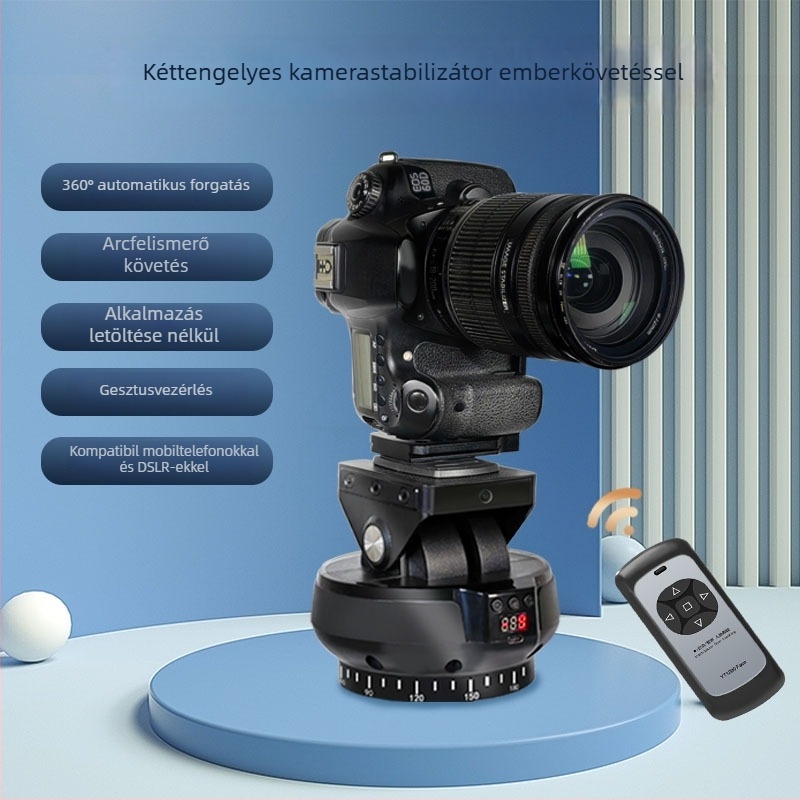 YT1200 Motoros Gimbal arcfelismeréssel, 360° vízszintes forgás / ±35° függőleges elhajlás, két-tengelyes stabilizátor, távirányító — telefonhoz, kamerához, SLR-hez, GoPro-hoz
