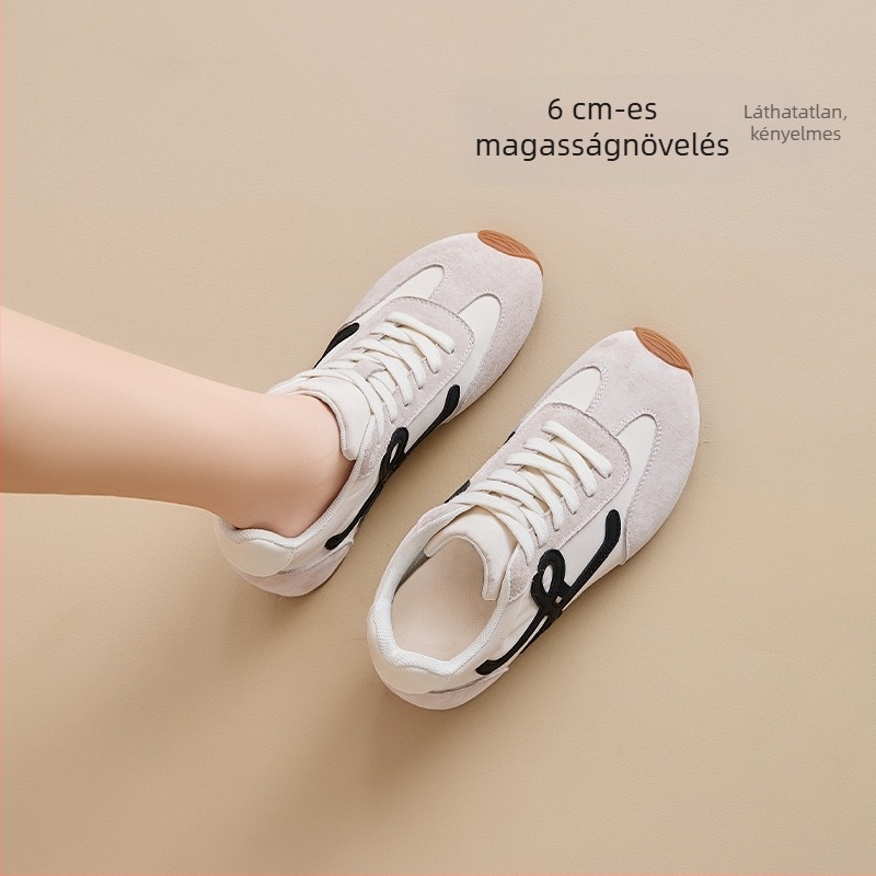 Női magasító edzőcipő – retro dizájn, ferde talp, fleece bélés, 6-8 cm sarokmagasság, belső mesh légáteresztő, kopásálló gumitalp, fűzős lezárás