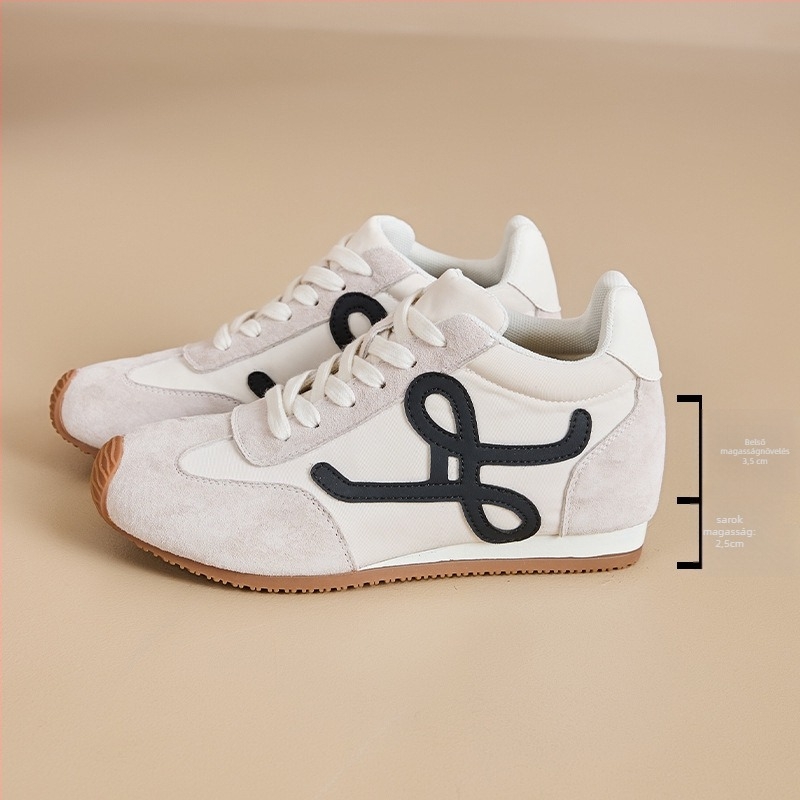 Női magasító edzőcipő – retro dizájn, ferde talp, fleece bélés, 6-8 cm sarokmagasság, belső mesh légáteresztő, kopásálló gumitalp, fűzős lezárás