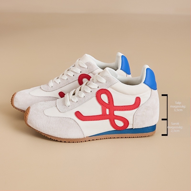 Női magasító edzőcipő – retro dizájn, ferde talp, fleece bélés, 6-8 cm sarokmagasság, belső mesh légáteresztő, kopásálló gumitalp, fűzős lezárás