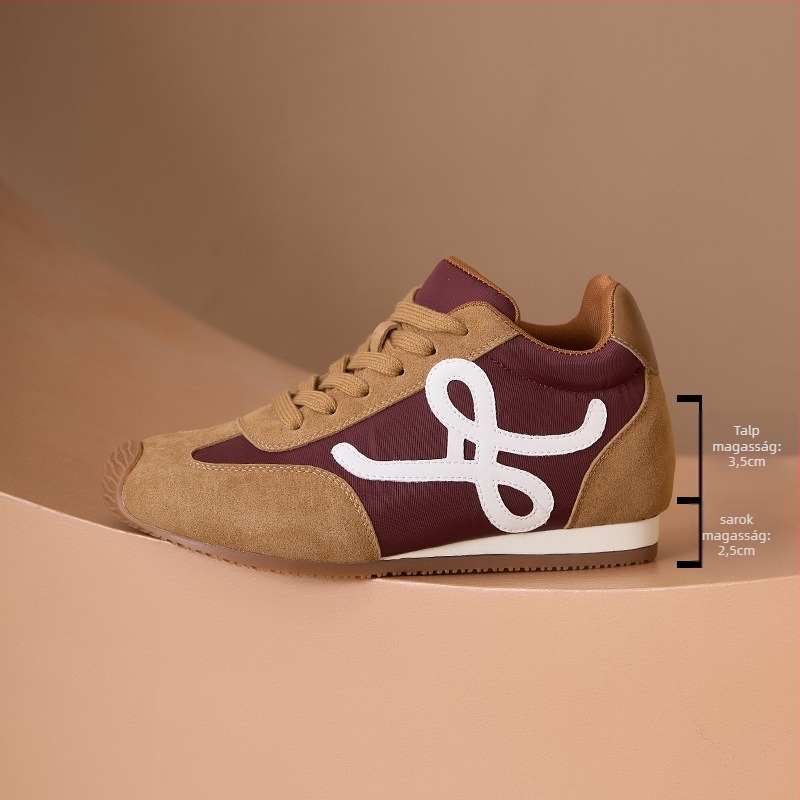 Női magasító edzőcipő – retro dizájn, ferde talp, fleece bélés, 6-8 cm sarokmagasság, belső mesh légáteresztő, kopásálló gumitalp, fűzős lezárás