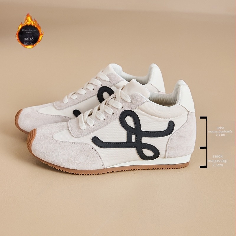 Női magasító edzőcipő – retro dizájn, ferde talp, fleece bélés, 6-8 cm sarokmagasság, belső mesh légáteresztő, kopásálló gumitalp, fűzős lezárás