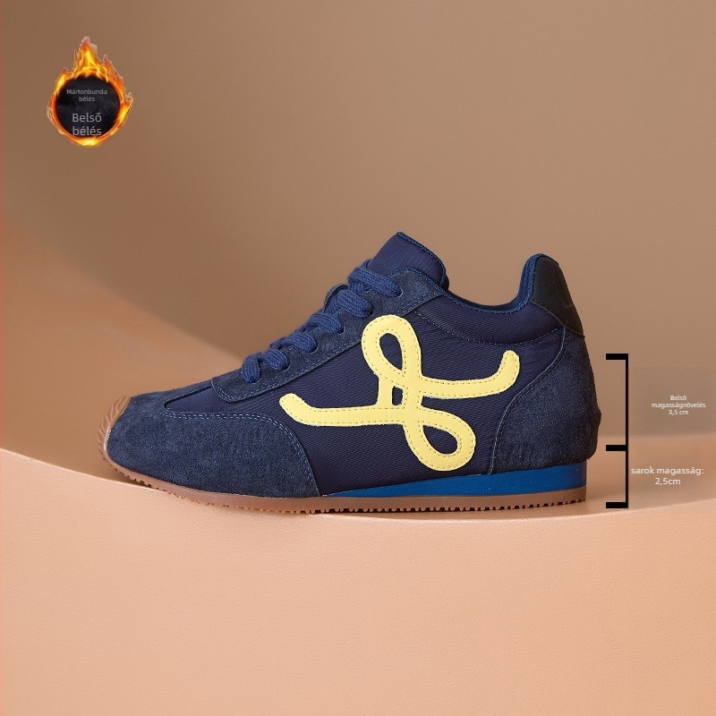 Női magasító edzőcipő – retro dizájn, ferde talp, fleece bélés, 6-8 cm sarokmagasság, belső mesh légáteresztő, kopásálló gumitalp, fűzős lezárás