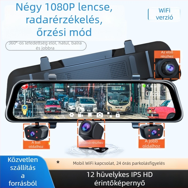 Négycsatornás 12 hüvelykes érintőképernyős HD dash kamera radar érzékeléssel, őrszem mód és hátsó kamera
