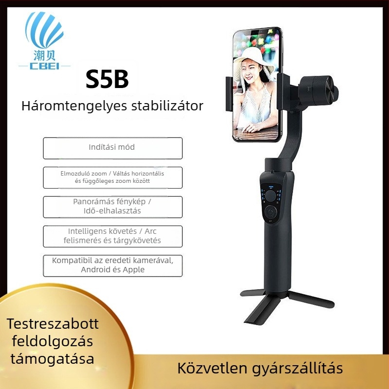 S5B Kézben tartható stabilizátor okostelefonokhoz, háromtengelyes anti‑shake gimbal arcfelismeréssel, 360° horizontális forgás / 90° függőleges elforgatás