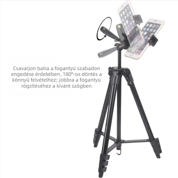 Kamera és telefon tripod, 4 részes, alumíniumötvözet és műanyag kivitelben, 3D gimbal, gyorskioldó lemez, teher 2 kg