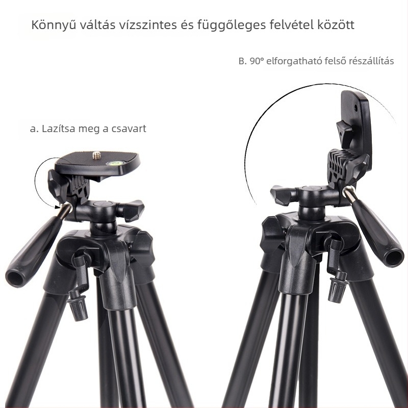 Kamera és telefon tripod, 4 részes, alumíniumötvözet és műanyag kivitelben, 3D gimbal, gyorskioldó lemez, teher 2 kg