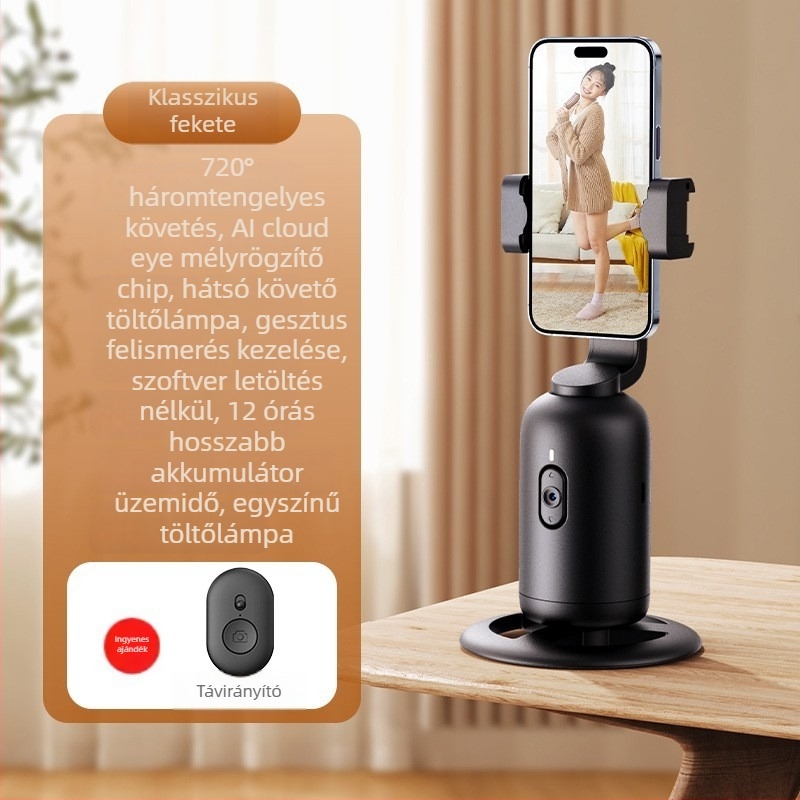 Vernon 360°-os pan-tilt mobiltelefonos gimbal automatikus követéssel élő közvetítéshez – ABS anyag, 320 g, azonnali használat