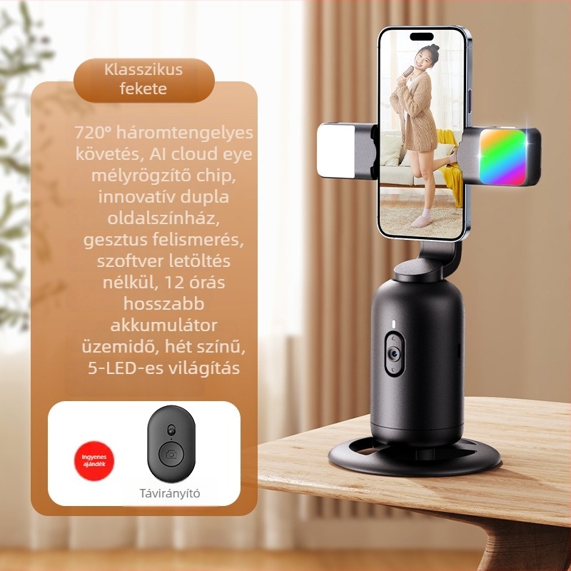 Vernon 360°-os pan-tilt mobiltelefonos gimbal automatikus követéssel élő közvetítéshez – ABS anyag, 320 g, azonnali használat