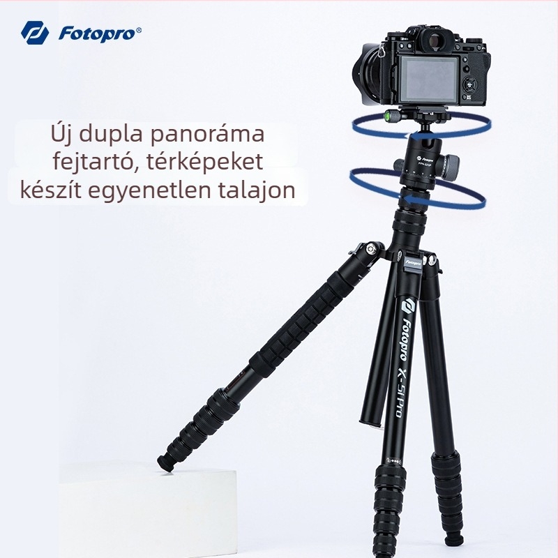 Fotopro X5I PRO alumínium tripod hidraulikus fejjel, 5 szakaszos, teherbírás 6–10 kg, gyors kioldólemez