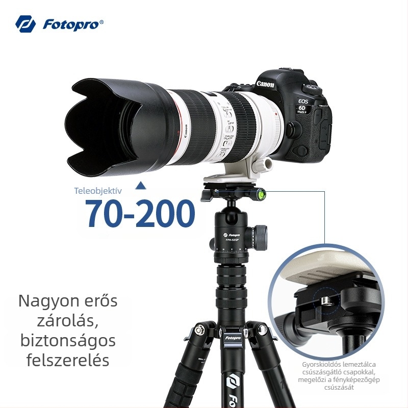 Fotopro X5I PRO alumínium tripod hidraulikus fejjel, 5 szakaszos, teherbírás 6–10 kg, gyors kioldólemez