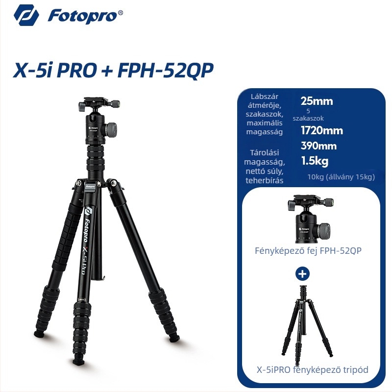 Fotopro X5I PRO alumínium tripod hidraulikus fejjel, 5 szakaszos, teherbírás 6–10 kg, gyors kioldólemez
