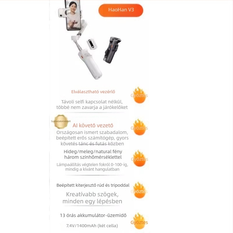 Mobiltelefonos gimbal stabilizátor – anyag: ötvözet+ABS, Vast márka, 2024-ben piacra került, kompatibil mobiltelefonokkal