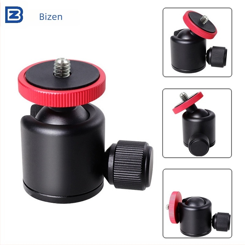 Alumínium mini gimbal 360° panoráma és dőlésszöggel okostelefonok és kamerák számára, kompatibil 3/8 és 1/4 hüvelykes csavarokkal, tömeg 104 g